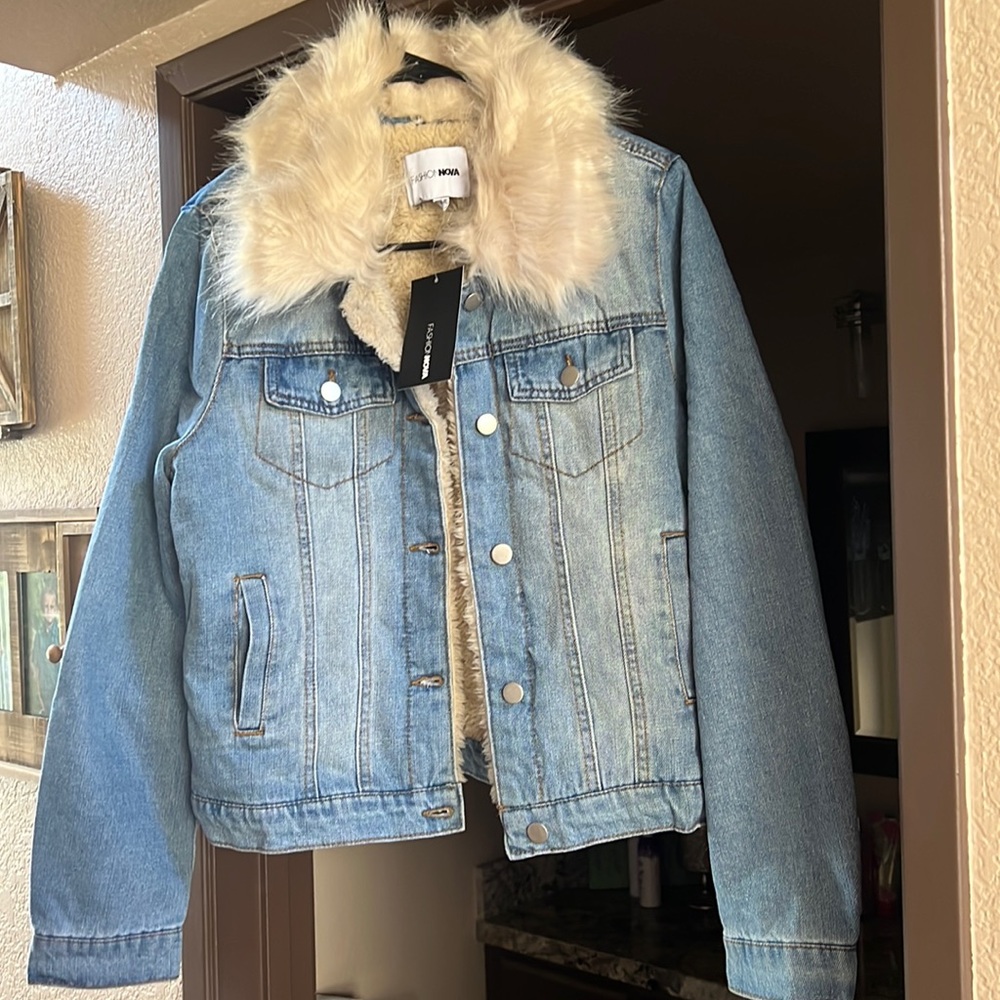 Light wash faux fur jean jacket